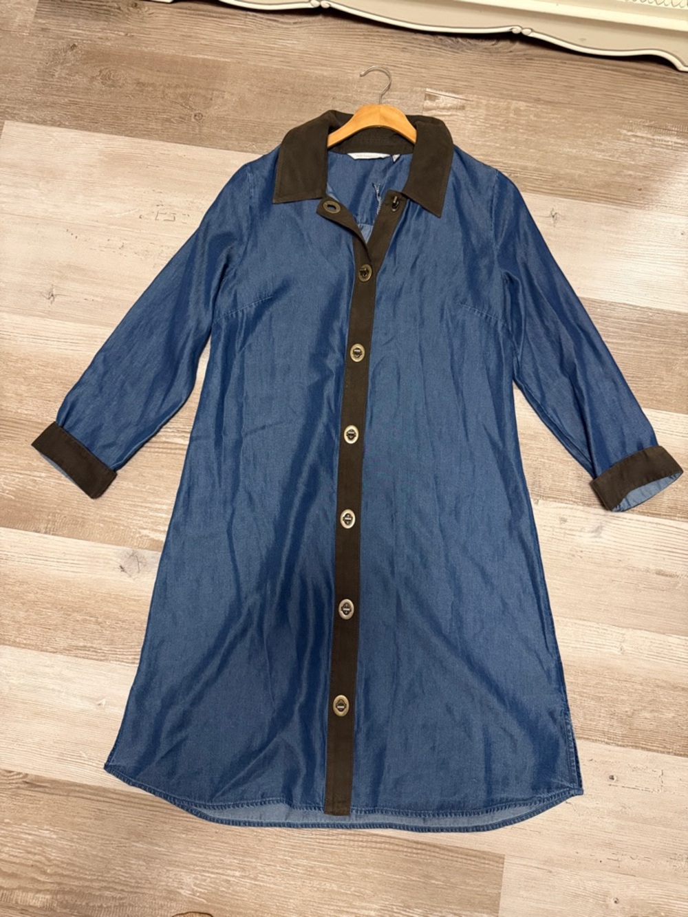 NWT Soft Surroundings Women's Blue Button-Front Long dress with Contrast Trim